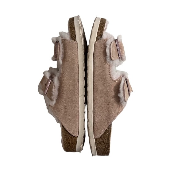 Birkenstock Arizona Shearling Slide Sandals Pink Size 5 Suede Buckle Slip On - Picture 9 of 11